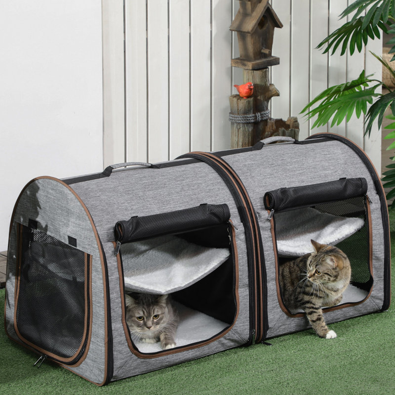 39" Portable Soft-Sided Pet Cat Carrier With Divider, Two Compartments, Soft Cushions, & Storage Bag, Grey