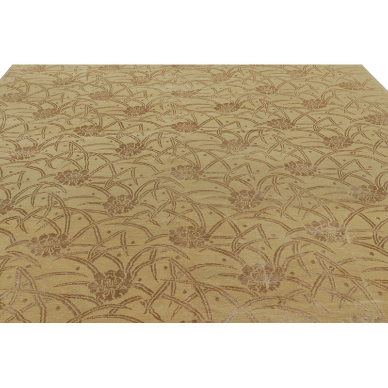 Rug & Kilim’S Chinese Art Deco Style Rug In Gold With Beige-Brown Floral Pattern