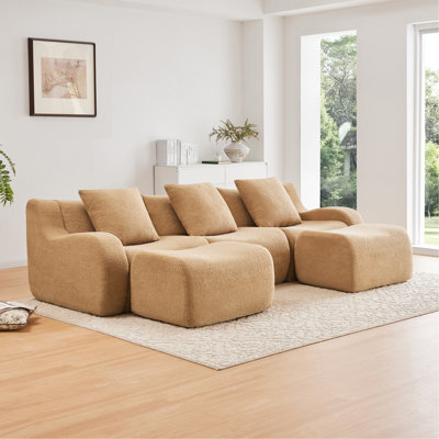 Canapé en forme de U doux en tissu Teddy désossé, méridienne d'assemblage, aucun accoudoir incurvé requis, conception épurée anti-dérapante 32D haute densité, s'adapte aux salons de lecture, chameau