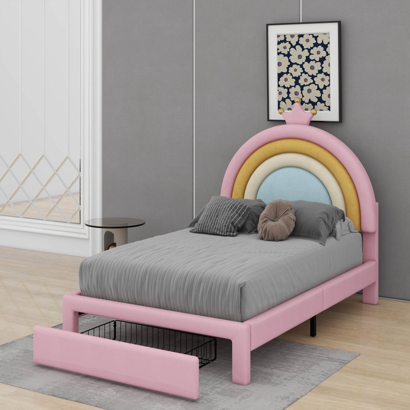 Lit simple tapissier arc-en-ciel, lit plateforme en velours avec tiroir Princess, Lit simple