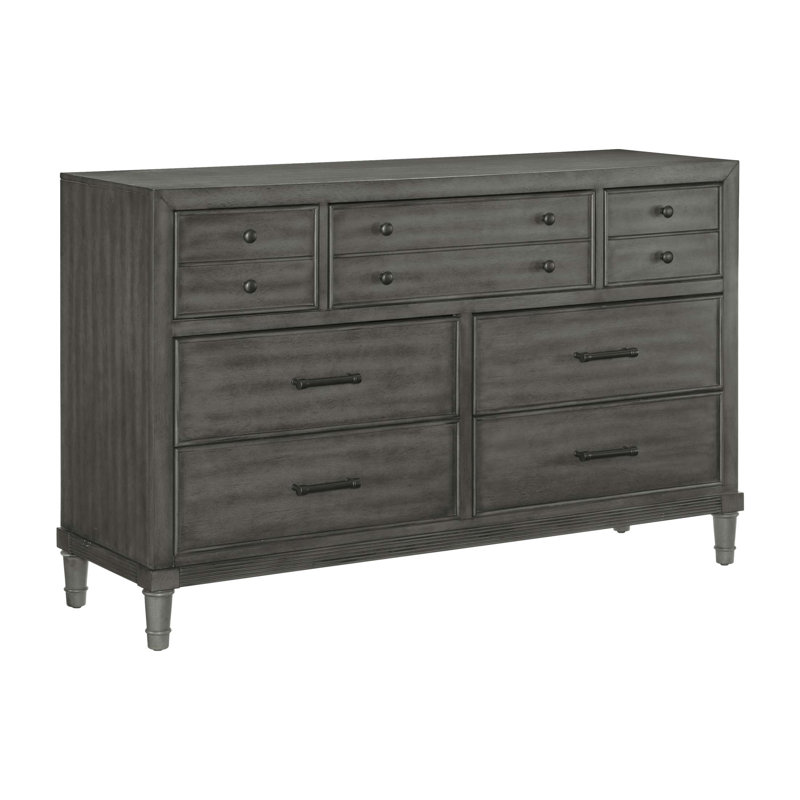 Commode en bois de style transitionnel avec 7 tiroirs, finition grise et poignées bronze foncé pour les chambres à coucher modernes