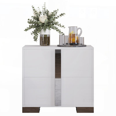 Modern End Table with Drawers, Elegant Nightstand with Metal Foot, Wood Bedside Table with Mirrored Handles, Sofa Side Table for Bedroom and Living Room