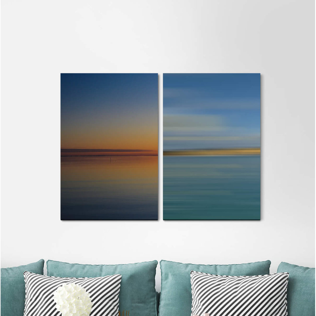 2-tlg. Leinwandbilder-Set - Grafikdruck „Lake Evening Red Harmony Horizon Blue Sky Sunset”