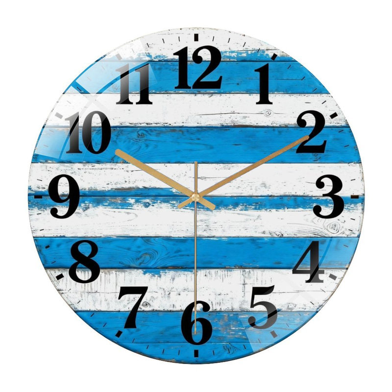 Horloge murale 12 po ronde en verre trempé avec mouvement à quartz silencieux, Bleu et blanc