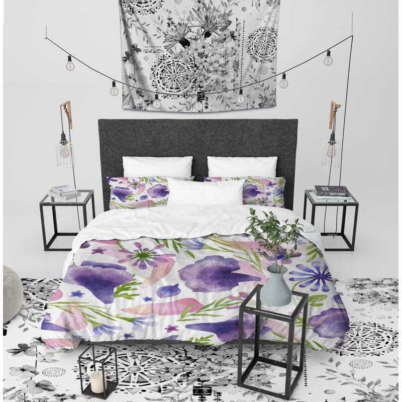 Purple Flowers Twill Duvet Cover, King Duvet Cover + 2 Pillow Cases