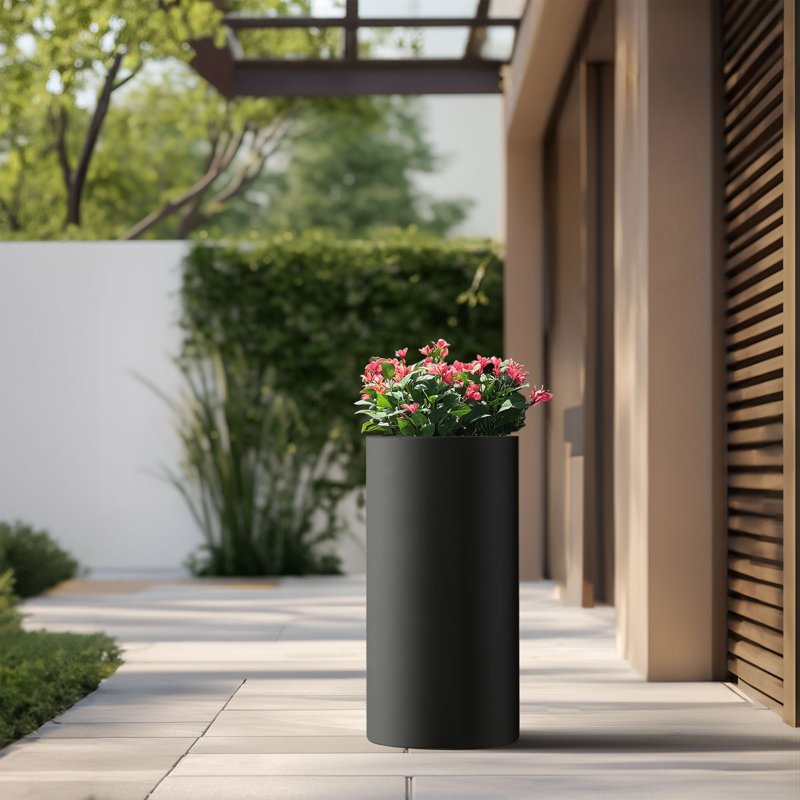Large Concrete Round Planter / Pot With Drainage Holes, 27.76" H x 14.17" W x 14.17" D, Charcoal Black