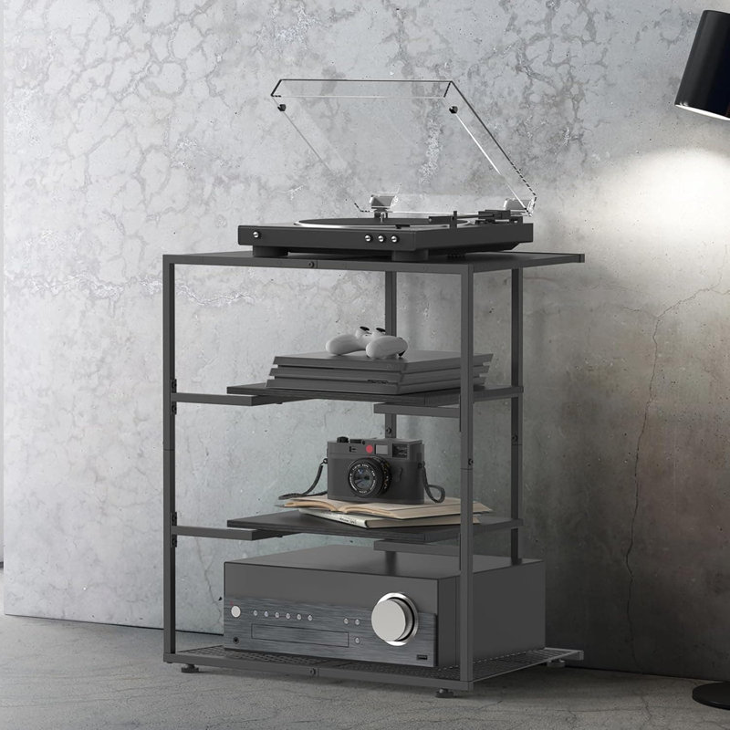 Meuble multimédia de coin à 4 niveaux avec tablettes réglables en hauteur, armoire audio-vidéo pour tourne-disque, console de jeux, téléviseur et centre de divertissement