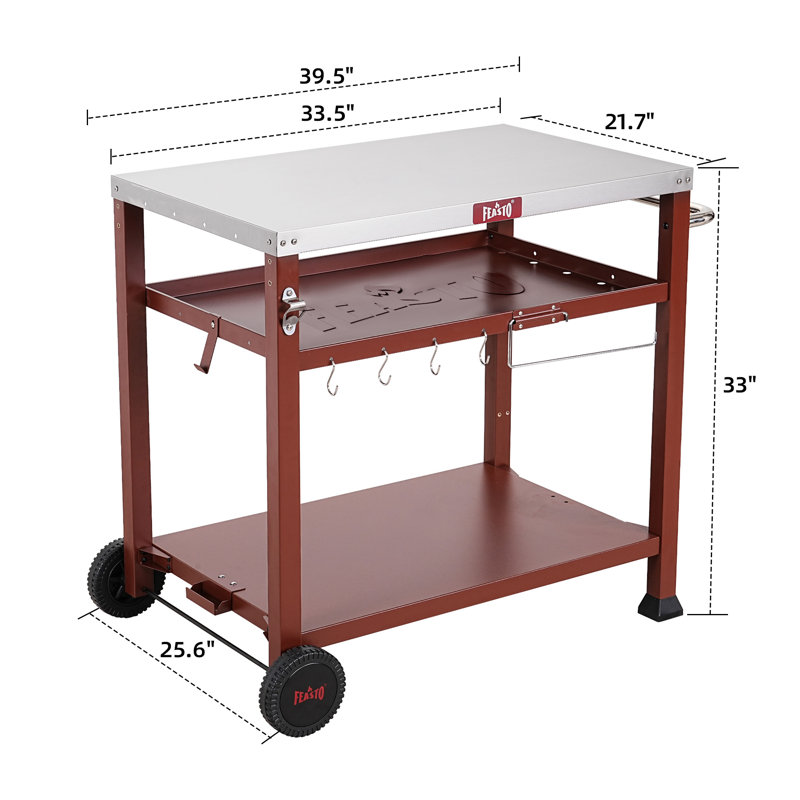 Three-Shelf Red and Stainless Steel Outdoor Grill Cart