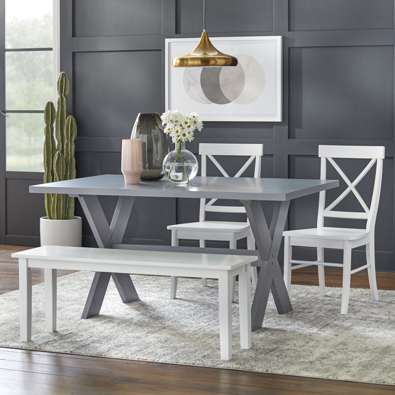 Ensemble repas pour 6 personnes Bengte, 4 pièces : 1 table, 2 chaises, 1 banc, Gris, Blanc