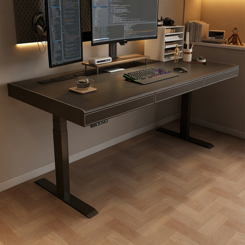 Bureau rectangulaire en bois massif noir avec 2 tiroirs, 25.2" H x 62.99" W x 27.56" D, Black