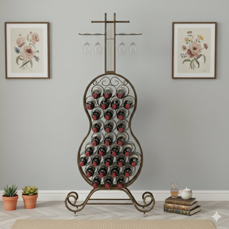 Freestanding Storage Unit Shaped Like A Cello, Functioning As A Wine Rack With Space For Bottles. This Piece Provides Storage For Liquor And Wine, Acting As An Organizer Suitable For Home Bars In Kitchens Or Dining Rooms.
