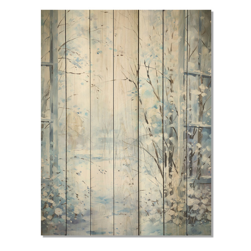«White and Blue Winter Forest Collage I», paysage d'hiver sur bois, H 20 po x l 10 po