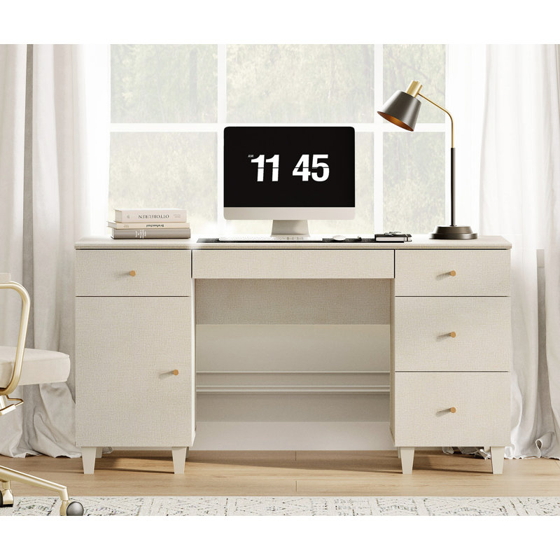 Lysiane 58" Executive Desk With 4 Drawers And 1 Door, Modern Farmhouse Home Office Computer Table With Charging Station, Keyboard Tray