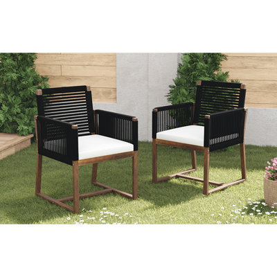 Ensemble de 2 chaises de salle à manger d'extérieur, fauteuil de patio en bois d'acacia avec dossier et accoudoirs en corde et coussin lavable