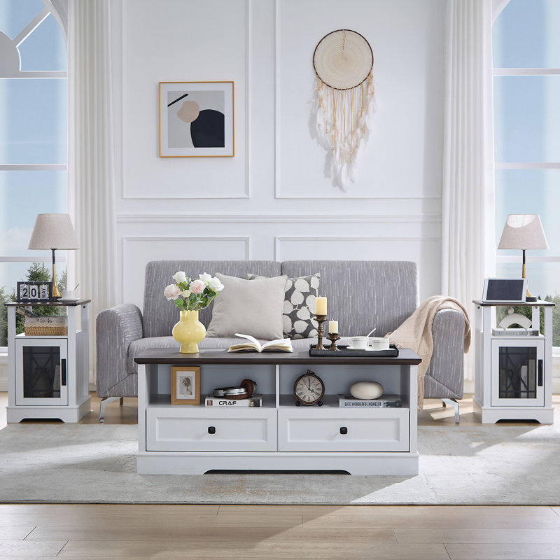White and Dark Brown Rectangular Wood Coffee Table with Storage