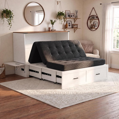 Farmhouse Murphy Cabinet Bed with Storage Drawer & Built-In Charging Station, Fold Hideaway Noiseless Platform Bed with Black Mattress for Guest Bedrooms, Home Offices & Small Apartments