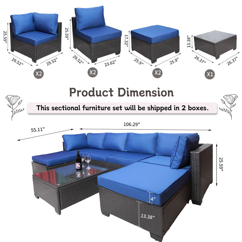 Ensemble de conversation d'extérieur pour 6 personnes avec coussins Mekia, Bleu marine, Noir