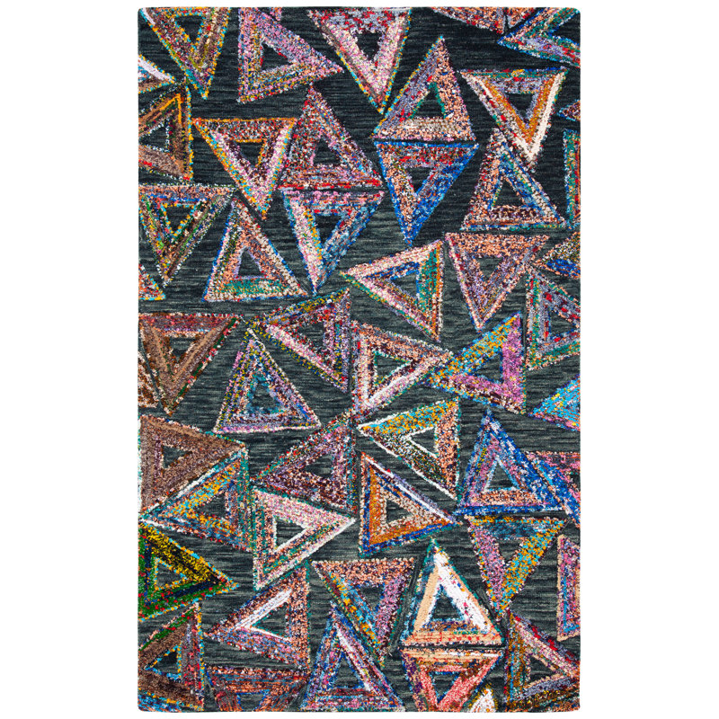 Tapis géométrique en laine / coton touffeté à la main vert foncé / noir, Rectangle 3 pi x 5 pi