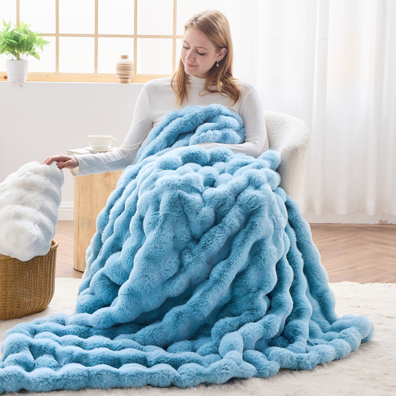 Jeté en fausse fourrure de luxe à motif de fausse fourrure de luxe pour canapé-lit 1000GSM par Newcosplay, Jeté, Bleu