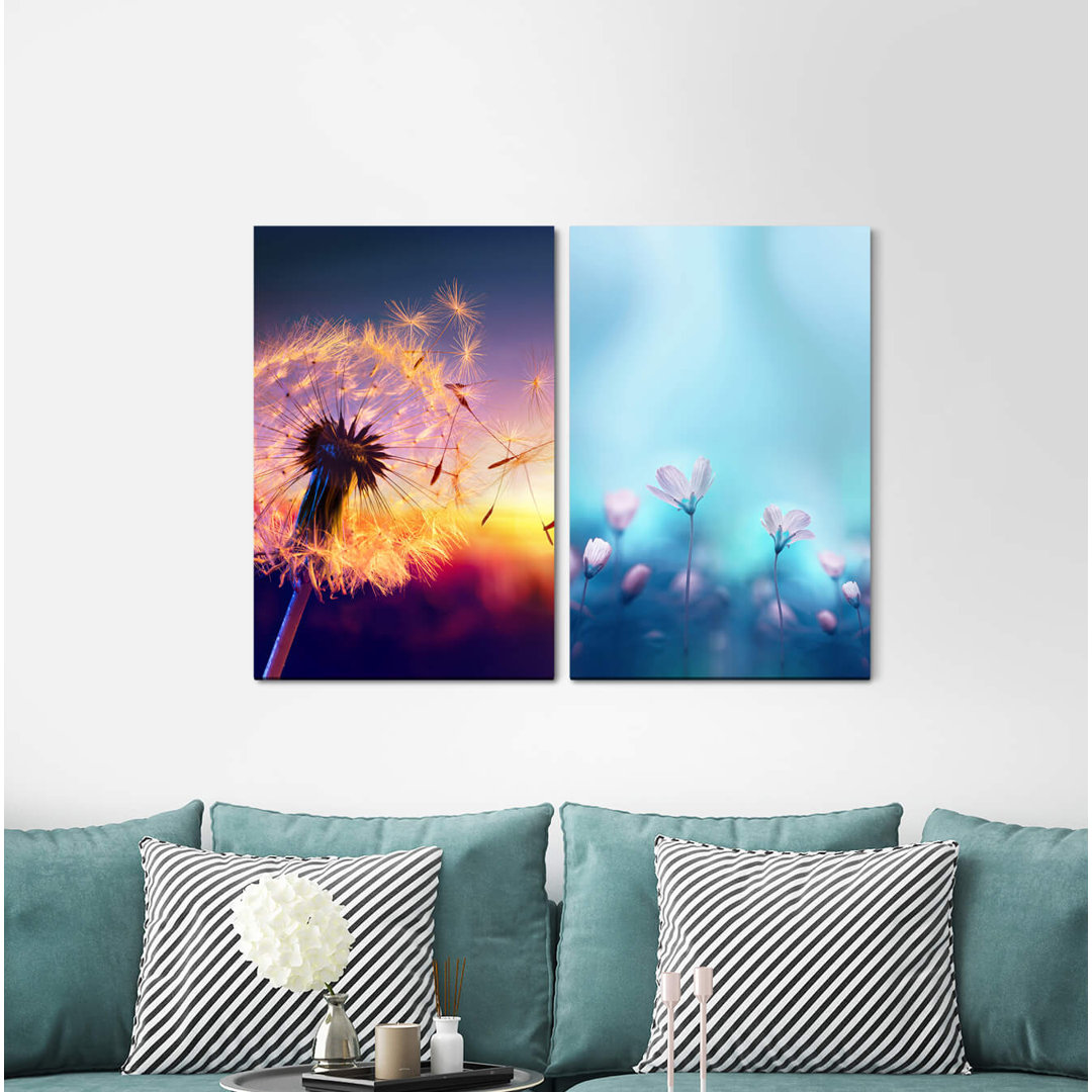 2-tlg. Leinwandbilder-Set - Grafikdruck „Dandelion Sunbeams Flowers Blue Softly Relaxing Magical”