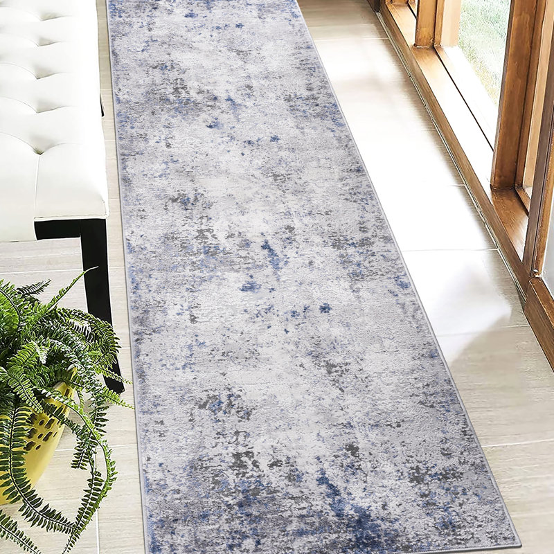 Non-Shedding Area Rug With Silver/Blue/Abstract Pattern - Ideal For Living Room, Nursery 2X8 In Stain , Bedroom, Study