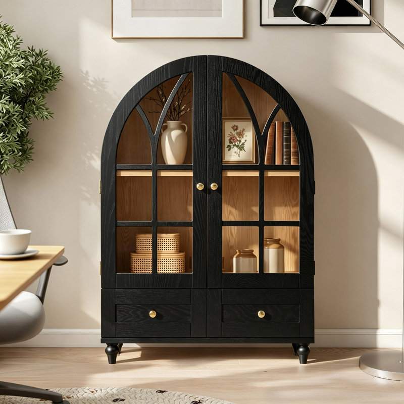 Armoire d'appoint arquée 36,6 po, vitrine avec 2 portes en verre, 2 tiroirs, pieds en bois massif, Black