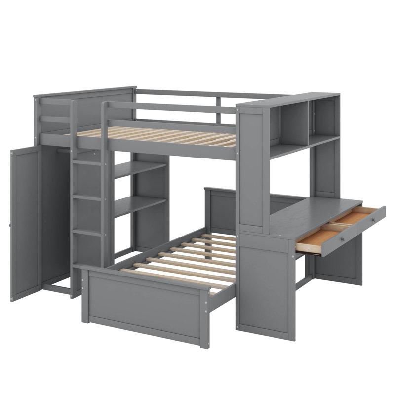 Lit mezzanine double avec lit autonome, tablettes, bureau et garde-robe, Gris