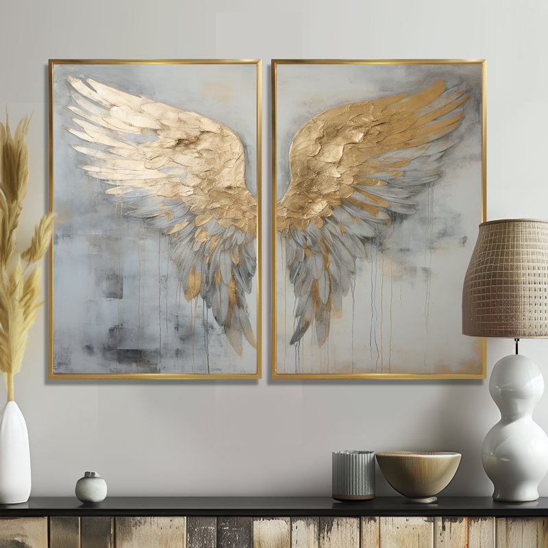 Dicha - Fantasy Wings Angel, art mural, 36" H x 48" W, Impression encadrée flottante, Gold