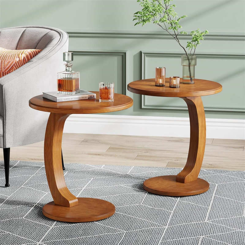 Table de bout ronde 18,9 po en forme de C, petit canapé, table d'appoint pour le salon ou la chambre à coucher, table de chevet rétro Boho avec placage en bois massif, imperméable et résistante aux égratignures, rétro