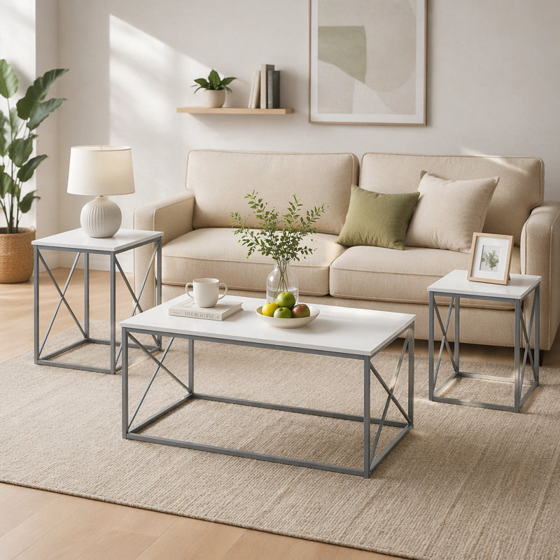 Ensemble de table, ensemble de 3 pièces, café, bout, côté, accent, métal stratifié de salon, contemporain, moderne, Blanc