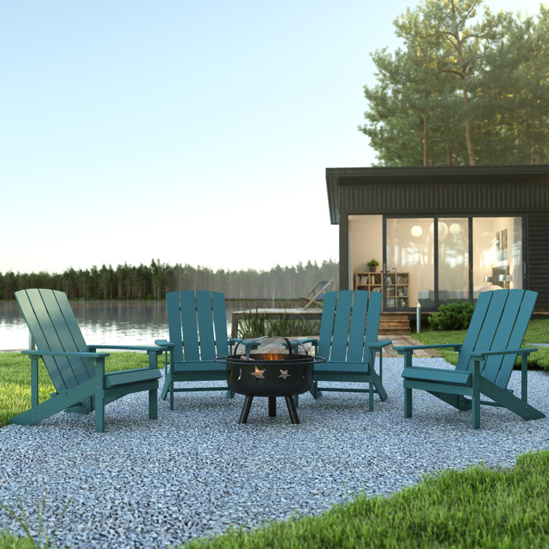 Foyer étoile et lune avec housse en filet et 4 chaises Adirondack en résine de polyester, Écume de mer