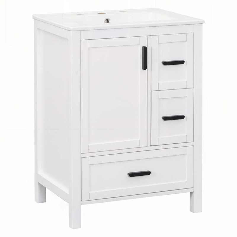 Meuble-lavabo de salle de bain avec lavabo en céramique, 3 tiroirs et 1 porte, rangement polyvalent, Blanc