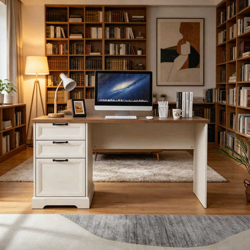Bureau d'écriture rétro avec 2 prises CA, ports USB-C et USB, base en métal robuste, poignée équilibrée, bureau d'ordinateur idéal pour le bureau à domicile, blanc