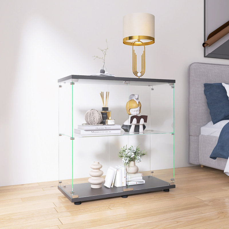 Glass Display Cabinet Two-door Glass Display Cabinet 2 Shelves with Door, Floor Standing Curio Bookshelf for Living Room Bedroom Office, 33.35"*31.69"*14.37"