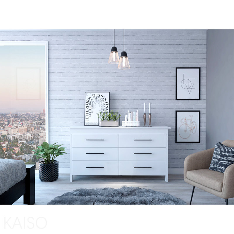 Commode double 6 tiroirs, quatre pieds, plateau supérieur - blanc, White