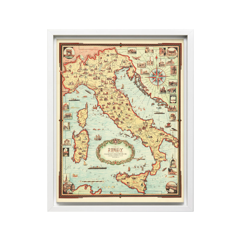 Carte illustrée de l'Italie, H 08 po x l 10 po, Canevas, Encadrement blanc