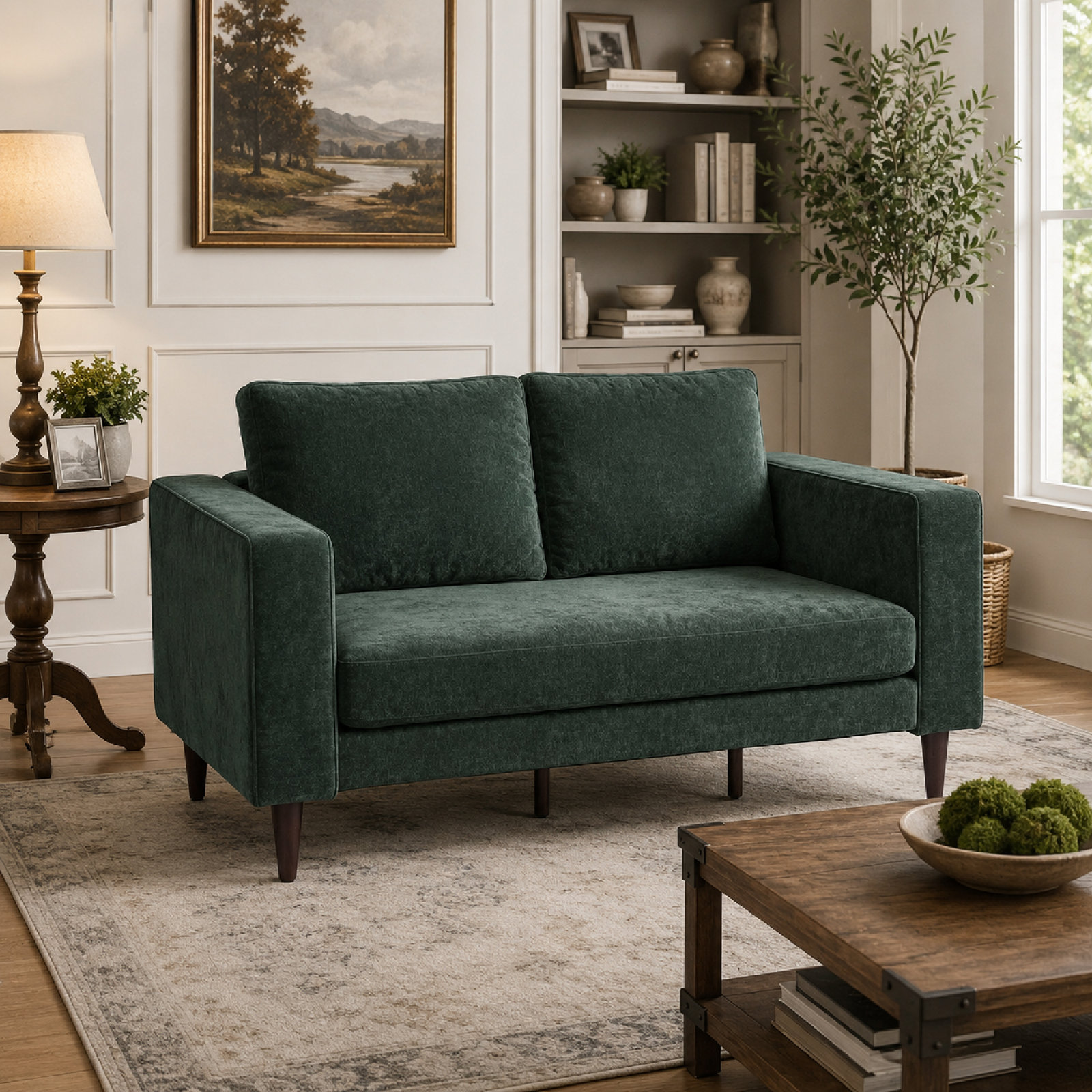 2 Seater Sofa 58.3",Dark Green With Dark Brown leg