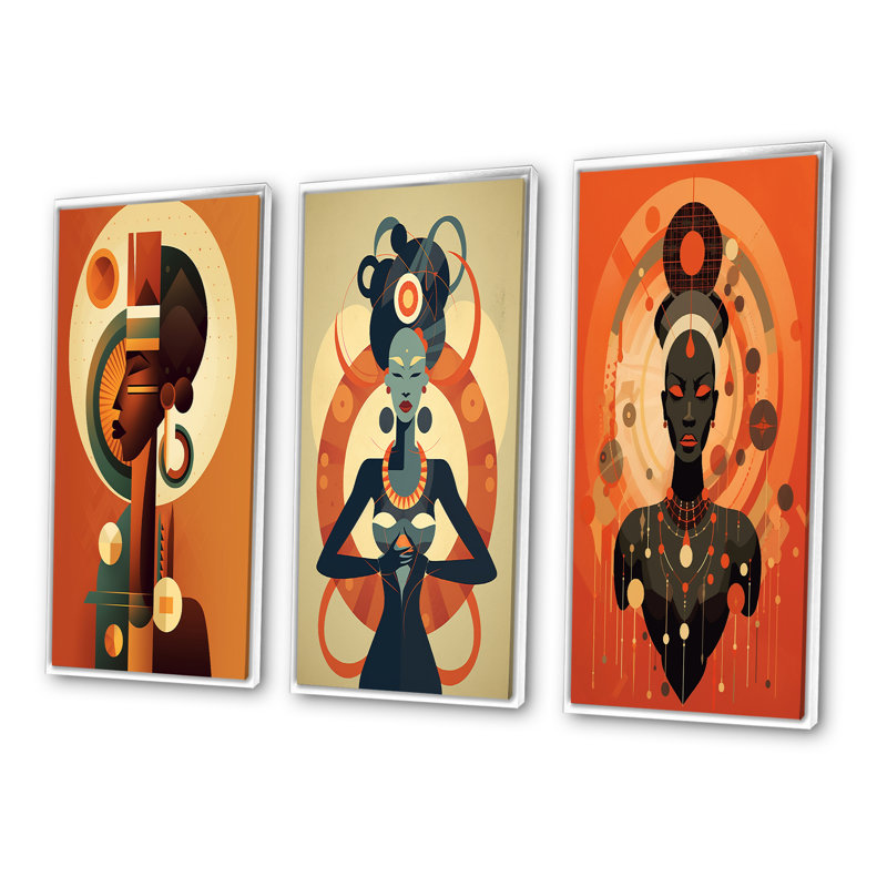 African Tribal Goddess Graphic Illustration I - Abstract Portraits Art Set Of 3 Pieces, Cadre blanc, H 32 po x l 48 po