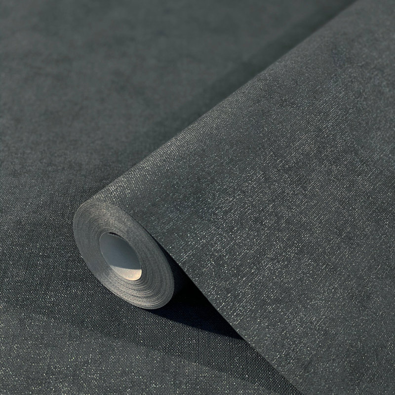 Flora Collection Shimmery Plain Wallpaper Roll, Black