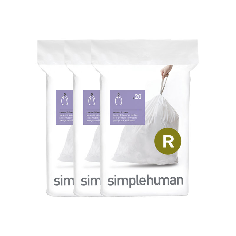 Simplehuman Code R Liners, Pack Of 60 Liners, 50% Recycled Custom Fit Bin Bags, 10L, White