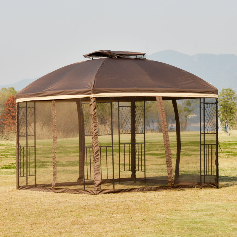 Brown 10' x 10' Metal Patio Gazebo with Mesh Netting