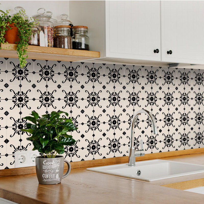 Carreau de mosaïque auto-adhésif en vinyle 5 po x 5 po, Blanc / noir