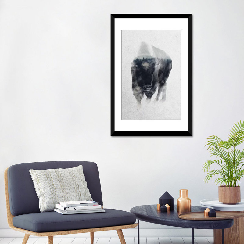 «Bison in Mist», reproduction de photo sur toile tendue, H 32 po x l 24 po x P 1 po, Papier d'art encadré noir, Blanc
