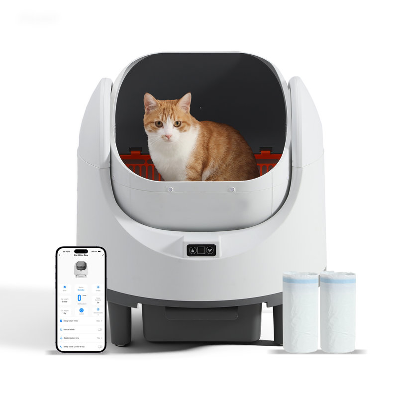 Automatic Cat Litter Box, Open Top Self Cleaning Litter Box For Multiple Cats, Odor Noise Control, App Control With Safety Sensors, Included Removable Liner And 2 Roll Garbage Bags, White
