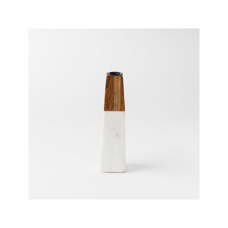 Mela Artisans Tapered White Marble & Acacia Sculptural Candleholder