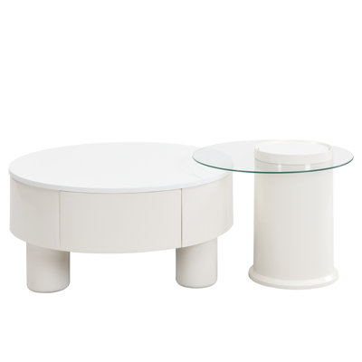Ensemble de 2 tables basses rondes gigognes, table basse avec tiroir de rangement, grande table centrale en plastique blanc, grand 27,56 po, petit 19,69 po