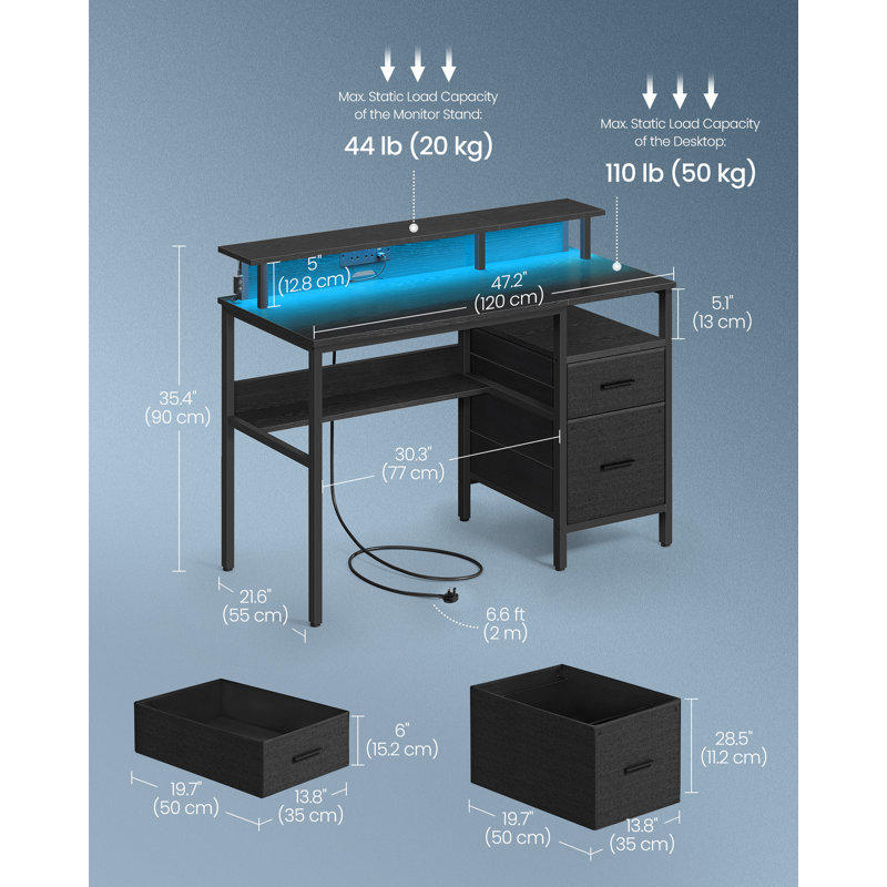Daimar Steel Computer Desk with Built-In Electrical Outlet, 90cm H x 120cm W x 55cm D, Ebony Black