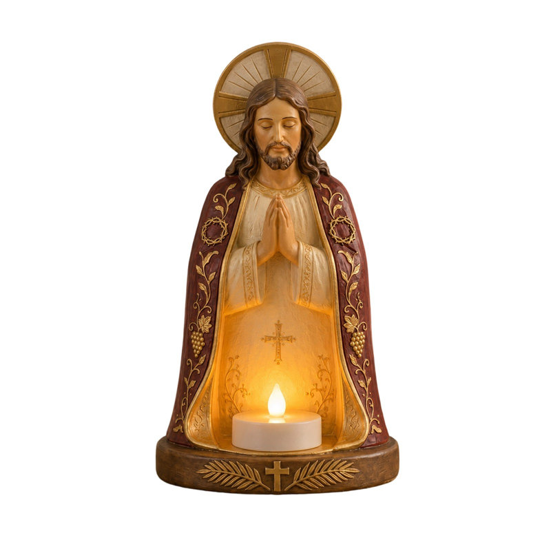Statue de Mary bougie résine résine Figurine veilleuse Catholique Décoration de table Cadeau pour le baptême de Noël, B