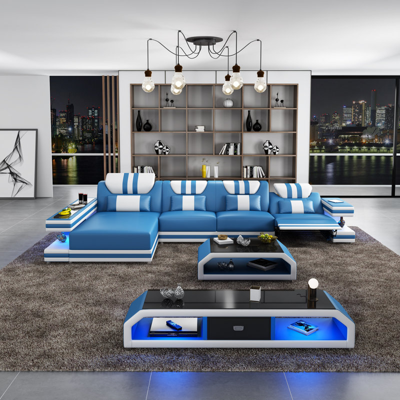 Lightspeed Sectional, Blue/White Genuine Leather, Left Hand Facing