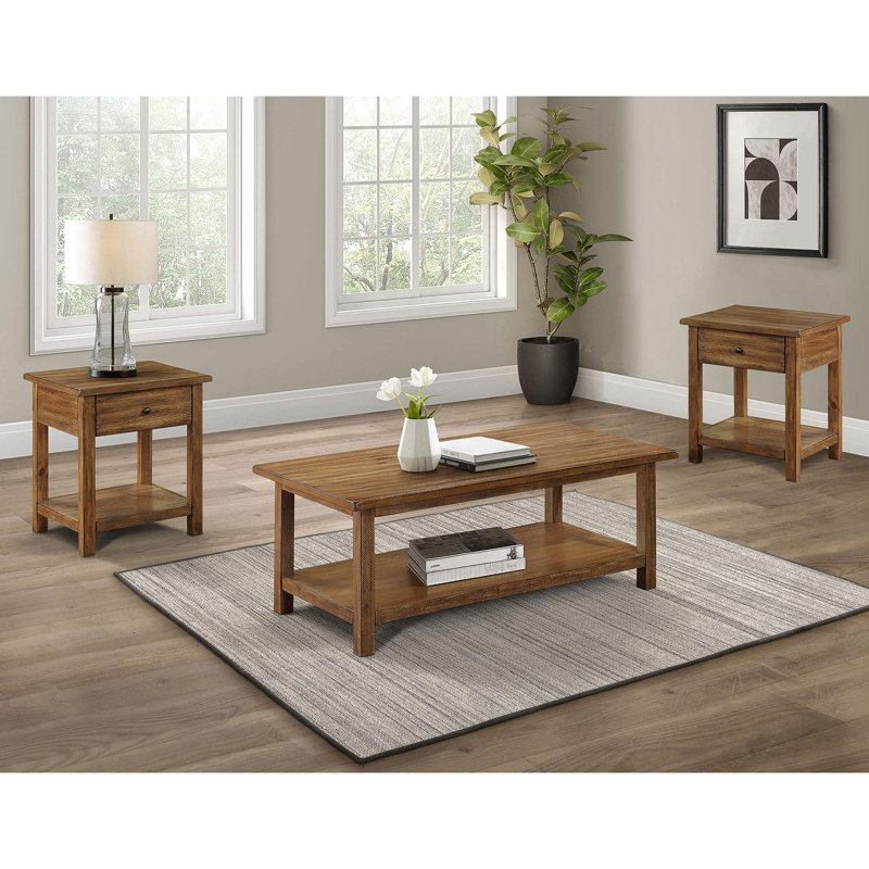 Ensemble de table en bois 3 pièces avec rangement brun vieilli